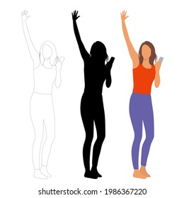 Eine Frau, die Fitness, Hände hoch, Silhouette, Skizze und Cartoon Stil Design in verschiedenen Farben, Vektorgrafik, einzeln auf weißem Hintergrund