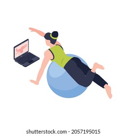 Woman doing fitness on fitball while watching video tutorial at home 3d isometric vector illustration