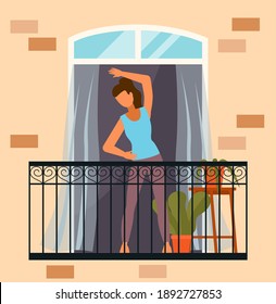 Woman doing fitness stretching exercise on the balcony at home. Young and beautiful fit girl doing muscle relaxation exercises. Female character taking care of her health, leads a healthy lifestyle
