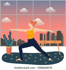 Woman doing fitness, stretching exercise and yoga. Sport at home cartoon. sunset background illustration