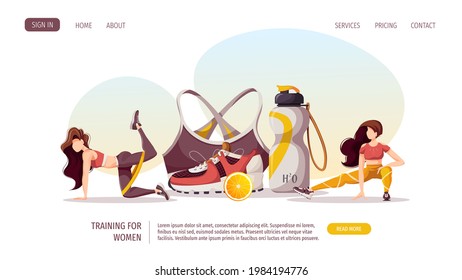 Woman doing fitness training, sports bra, sneaker, water bottle. Sport, Workout, Healthy lifestyle, Gym, Fitness, Training concept. Vector illustration for poster, banner, advertising, website.