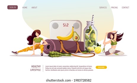 Woman doing fitness training, yoga mat, scales, detox drink. Sport, Workout, Healthy lifestyle, Gym, Fitness, Training concept. Vector illustration for poster, banner, advertising, website.