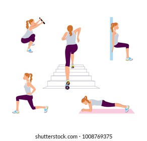 Woman doing fitness workout. Climbing upstair, plank, squat, lunges exercises. Exercises set against cellulite of for lifting bottom. Vector illustrations