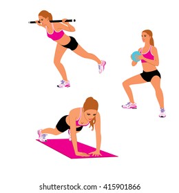 Woman doing fitness workout with a medicine ball. Press up, squat, back exercises. Vector illustration