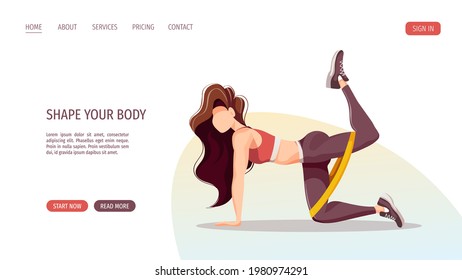 Woman doing fitness workout. Sport, Workout, Healthy lifestyle, Gym, Fitness, Flexibility, Training concept. Vector illustration for poster, banner, advertising, website.