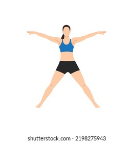 Woman doing Five Pointed Star Pose, Star Pose, Utthita Hasta Padasana. Utthita Tadasana. Flat vector illustration isolated on white background