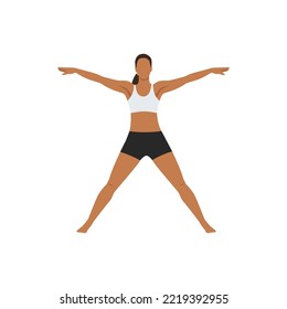 Woman doing Five Pointed Star Pose, Star Pose, Utthita Hasta Padasana. Utthita Tadasana. Flat vector illustration isolated on white background