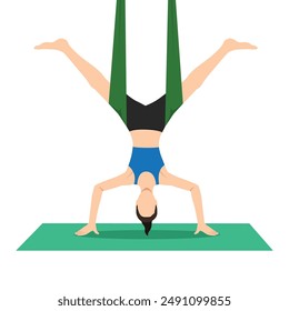 Woman doing Five Pointed Star Pose Inverted Aerial or Utthita Tadasana Viparita Aerial yoga exercise. Flat vector illustration isolated on white background