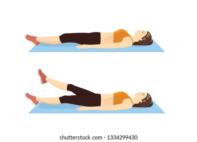 Woman doing Flutter Kicks Exercise in 2 step on blue mat.
Illustration about abdominal workout position.