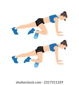 Woman doing foam roller anterior tibialis or shin stretch. Flat vector illustration isolated on white background