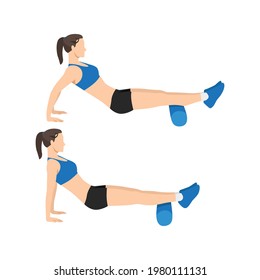 Woman doing Foam roller calf. Calves stretch exercise flat vector illustration isolated on white background