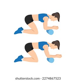 Woman doing foam roller forearm stretch exercise. Flat vector illustration isolated on white background