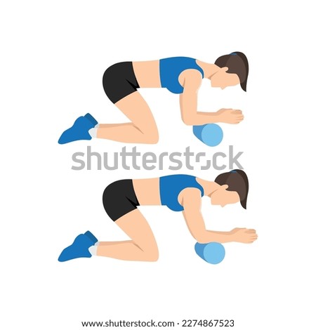 Woman doing foam roller forearm stretch exercise. Flat vector illustration isolated on white background