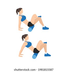 Woman doing Foam roller gluten. butt stretch exercise. Flat vector illustration isolated on white background