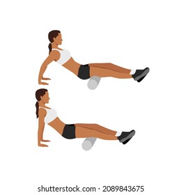 Woman doing Foam roller hamstring stretch exercise. Flat vector illustration isolated on white background