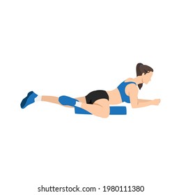 Woman Doing Foam Roller Inner Thigh. Adductor. Adduction Stretch Exercise Flat Vector Illustration Isolated On White Background