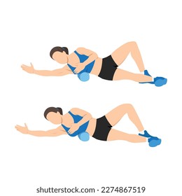 Woman doing foam roller lat stretch exercise. Flat vector illustration isolated on white background