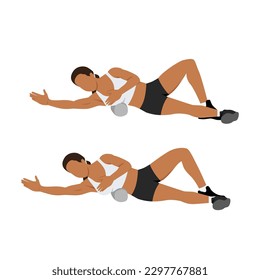 Woman doing foam roller lat stretch exercise. Flat vector illustration isolated on white background