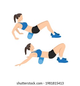 Woman doing Foam roller lower back stretch exercise. Flat vector illustration isolated on white background