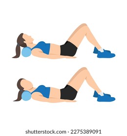 Woman doing foam roller neck release exercise. Flat vector illustration isolated on white background