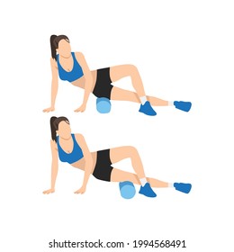 Woman doing Foam roller outer thighs stretch exercise. Flat vector illustration isolated on white background