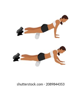 Woman doing Foam roller quadriceps stretch exercise. Flat vector illustration isolated on white background