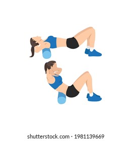 Woman doing Foam roller upper back stretch exercise. Flat vector illustration isolated on white background