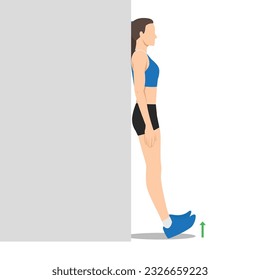 Woman doing foot flex shin exercise leaning against wall. Flat vector illustration isolated on white background