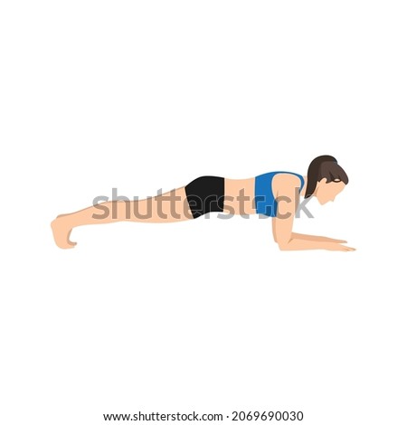 Woman doing Forearm plank exercise. Flat vector illustration isolated on white background