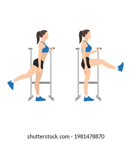 Woman doing Forward leg hip swings exercise. Flat vector illustration isolated on white background