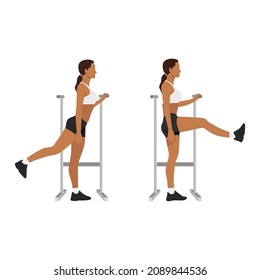 Woman doing Forward leg hip swings exercise. Flat vector illustration isolated on white background