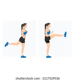 Woman doing forward leg swings holding on the wall exercise. Flat vector illustration isolated on white background