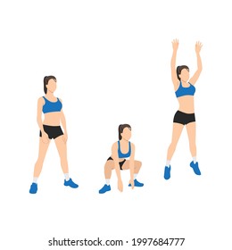 Woman doing Frog jumps exercise. Flat vector illustration isolated on white background