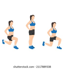 Woman doing front and back lunges exercise. Flat vector illustration isolated on white background