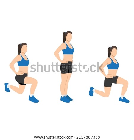 Woman doing front and back lunges exercise. Flat vector illustration isolated on white background