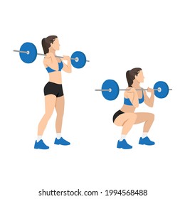 Woman doing Front barbell squat exercise. Flat vector illustration isolated on white background