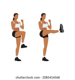 Woman doing Front kick exercise. Flat vector illustration isolated on white background