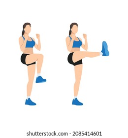 Woman doing Front kick exercise. Flat vector illustration isolated on white background