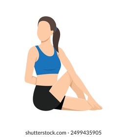 Woman doing Full Spinal Twist Pose, Seated Spinal Twist or Poorna Matsyendrasana. Flat vector illustration isolated on white background