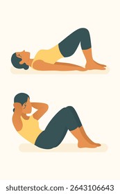 Woman doing glute bridge and abdominal crunch, combining flexibility and control through pilates and yoga fitness routine