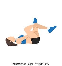 Woman doing Gluteus. Glute stretch exercise flat vector illustration isolated on white background