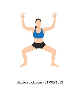 Woman doing Goddess Pose, Fierce Angle Pose, Victory Squat Pose, Practice Utkata Konasana. Flat vector illustration isolated on white background