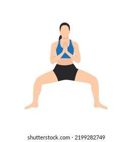 Mujer haciendo manos de oración de la diosa pose, manos de oración de ángel feroz pose, manos de oración de la plaza de la victoria pose, práctica Utkata Konasana Namaste Hands. Ilustración vectorial plana aislada en fondo blanco