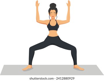 Woman doing goddess pose utkata konasana exercise. Young attractive woman practicing yoga exercise. working out, black wearing sportswear.
