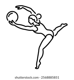 A woman doing gymnastic movement with a ball, line icon 