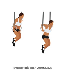 Woman doing Gymnastic ring dips exercise. Flat vector illustration isolated on white background