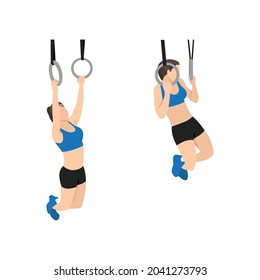 Woman doing Gymnastic ring pull ups. pull-ups exercise. Flat vector illustration isolated on white background