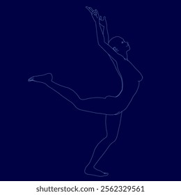 Woman is doing a gymnastics pose on a blue background. The pose is graceful and elegant, and the woman's body is stretched out in a way that suggests strength and flexibility