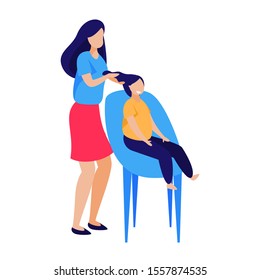 Woman doing hair for child. Family, relationship, parenting flat vector illustration. Family concept for banner, website design, landing web page