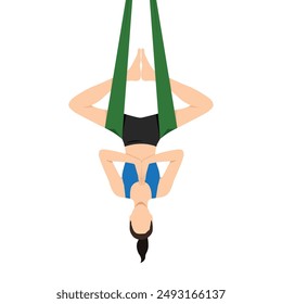 Woman doing Half Bound Angle Pose Inverted Aerial or Ardha Baddha Konasana Viparita Aerial. Flat vector illustration isolated on white background